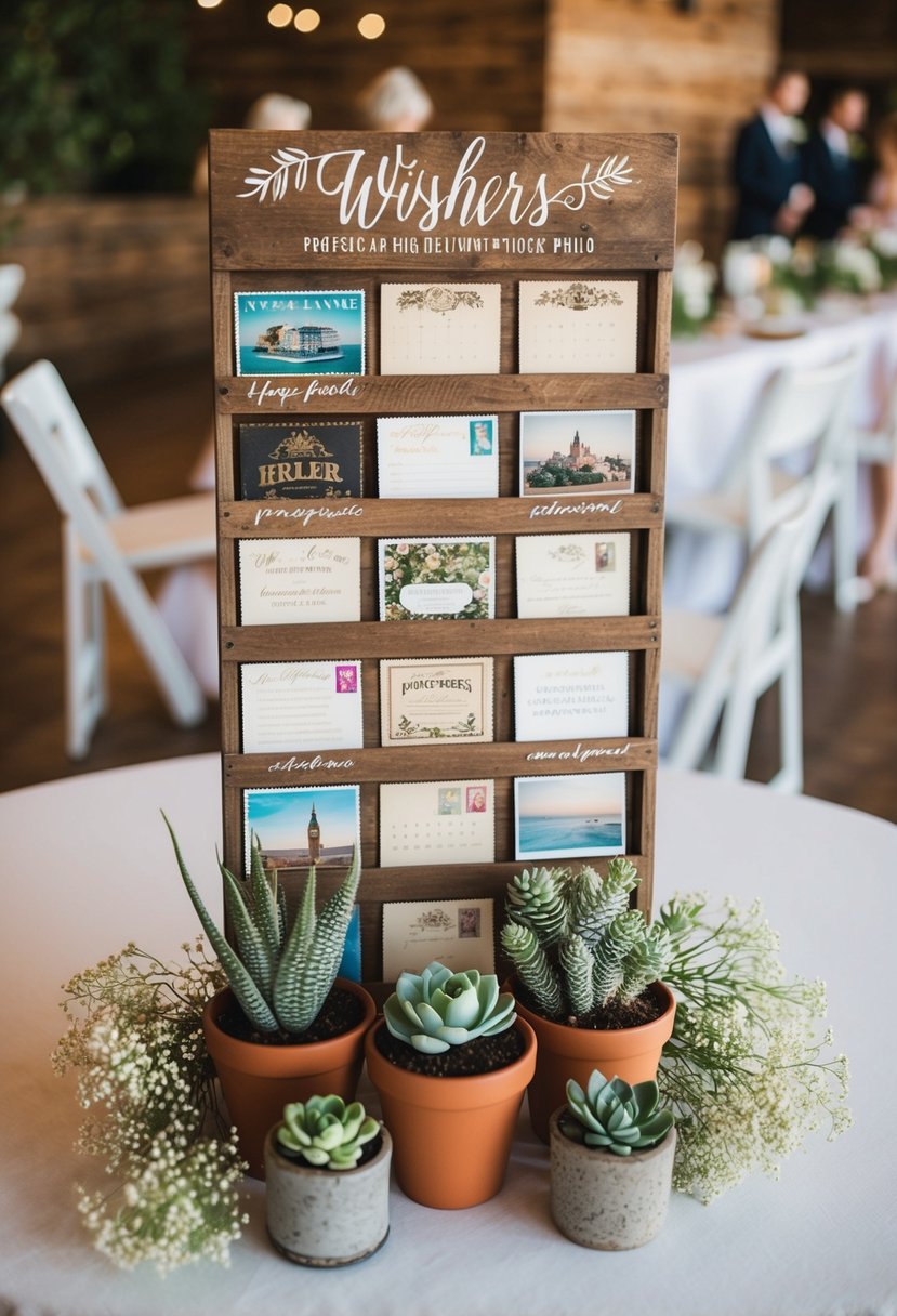 A rustic wooden display holds vintage postcards and a slot for guests to leave well-wishes, surrounded by potted succulents and delicate wildflowers