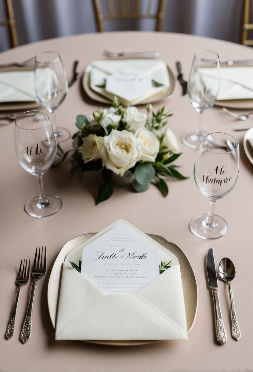 A table set with elegant wedding invitations and envelopes, with two separate names written on each invitation, representing unmarried couples