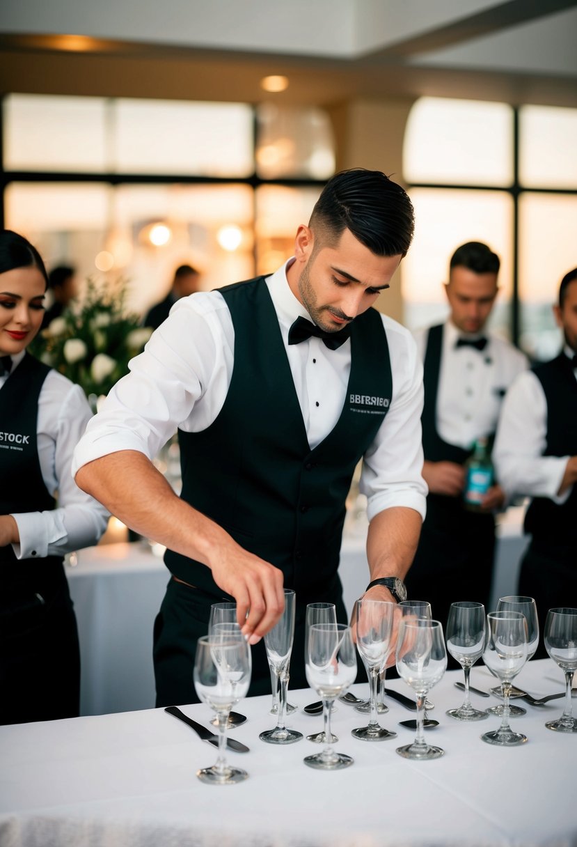 A bartender arranging glassware on a table, with catering staff nearby