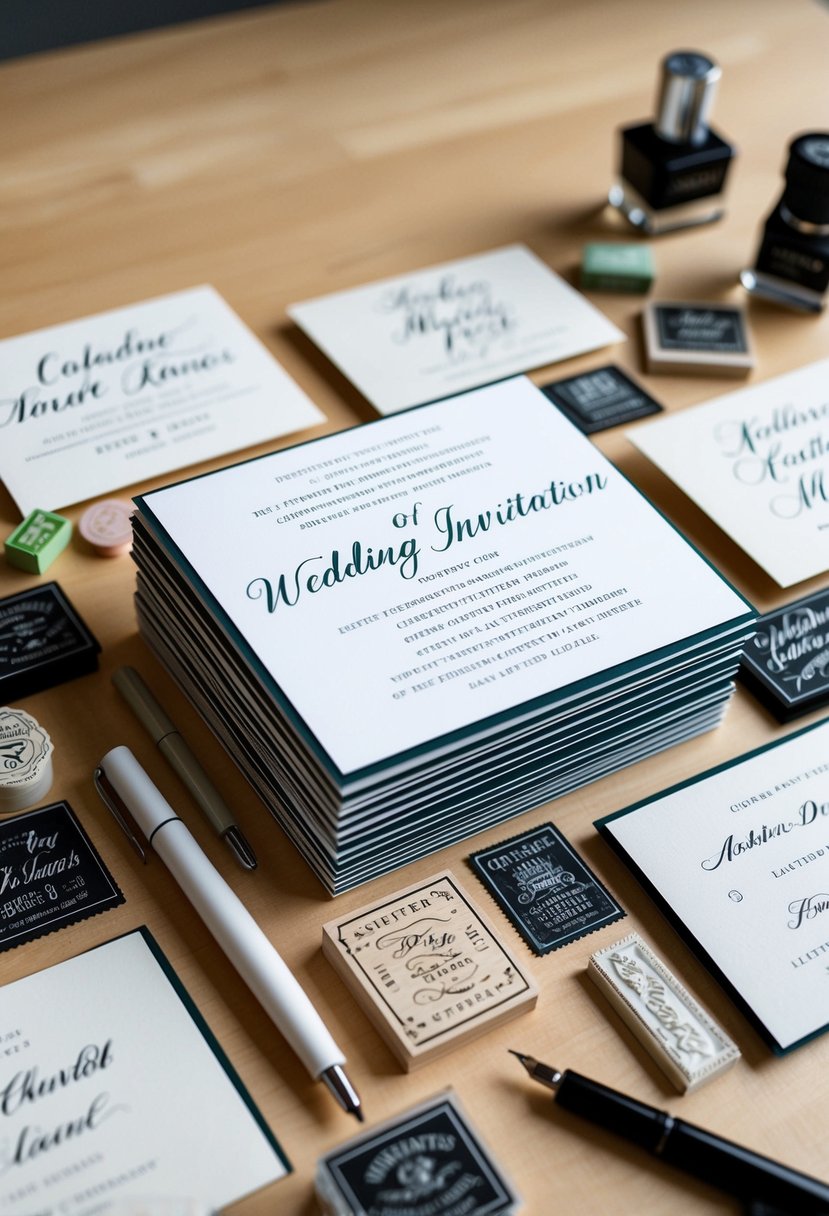 A neatly arranged stack of wedding invitations with various street names and states written on them, surrounded by a collection of calligraphy pens and decorative stamps