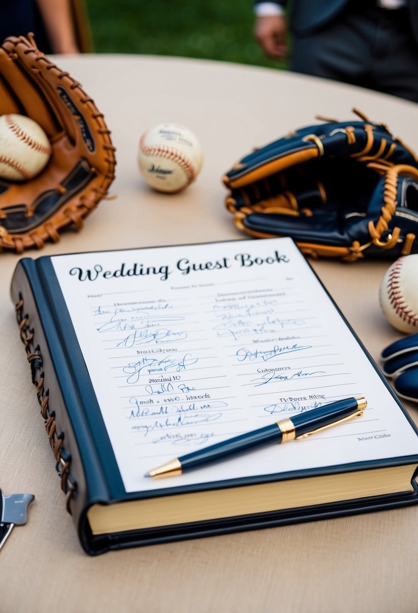 A wedding guest book with baseball memorabilia signatures, including baseballs, bats, and gloves arranged on a table with a pen