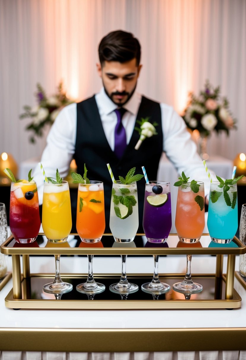 A bartending station with an array of colorful, garnished non-alcoholic cocktails, set against a backdrop of elegant wedding decor