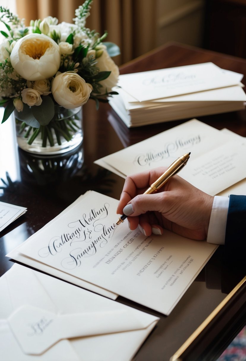 A hand holding a calligraphy pen, addressing elegant wedding invitations on a formal desk with a stack of envelopes and a bouquet of flowers nearby