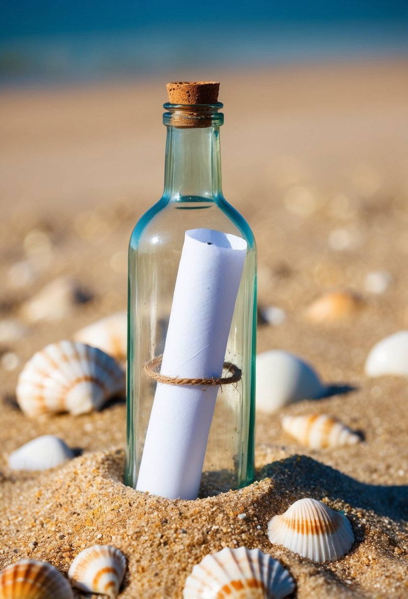 A glass bottle with a rolled-up paper inside, surrounded by seashells and sand on a beach