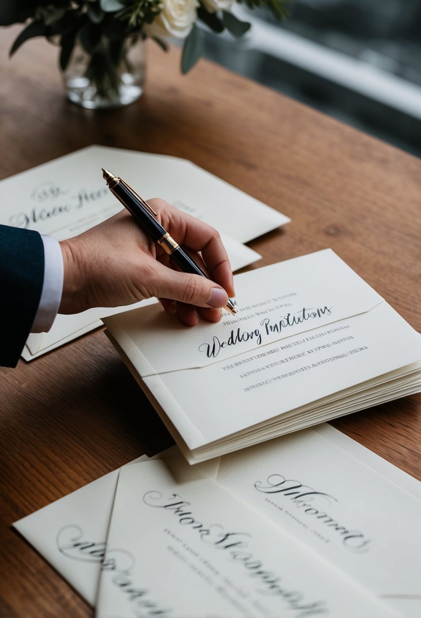 A hand reaching for a stack of wedding invitations, with a pen and elegant calligraphy addressing the inner and outer envelopes