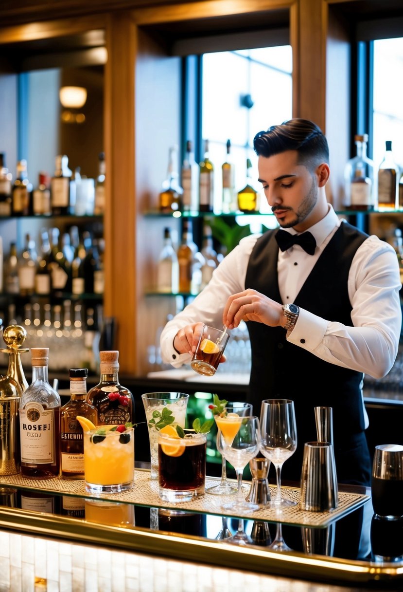 A beautifully decorated bar set up with various bottles, glassware, and garnishes. A bartender is seen preparing and serving drinks with elegance and precision