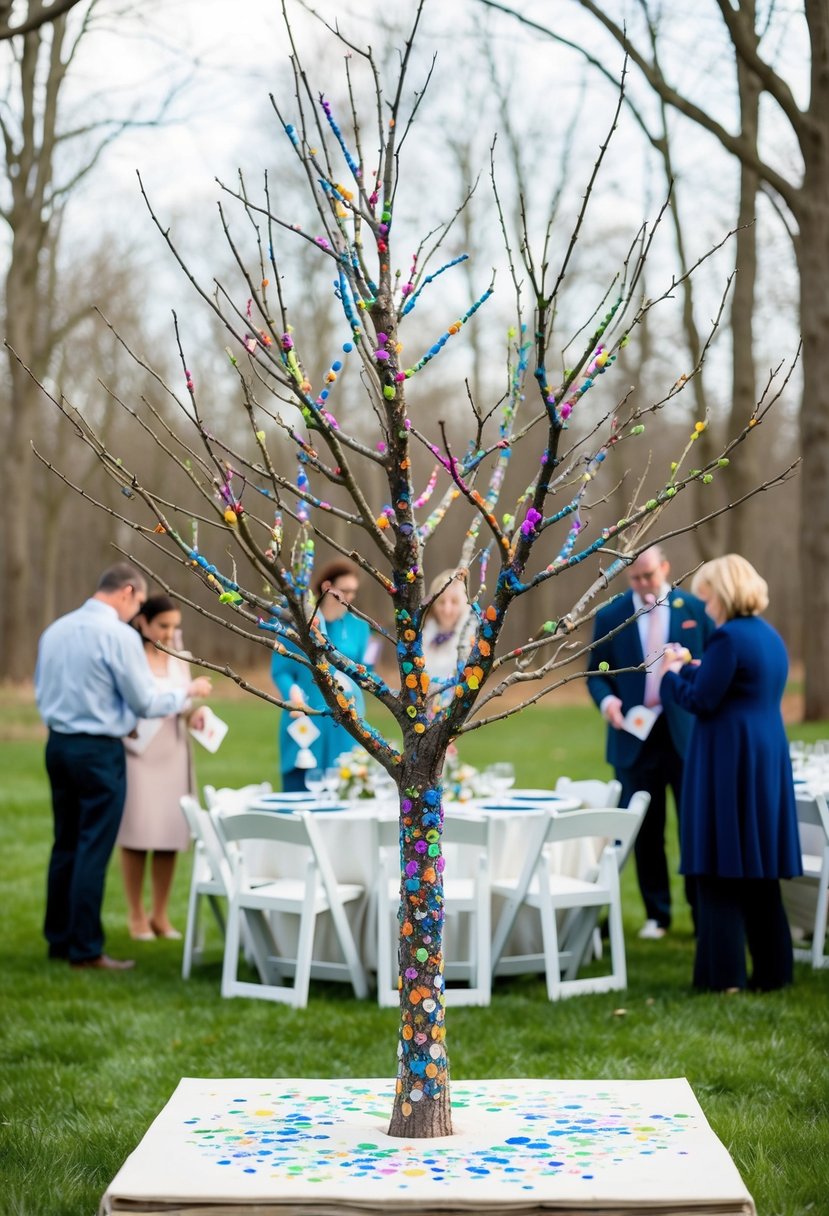 A tree with bare branches, covered in colorful thumbprints, sits on a canvas. Tables and chairs surround it, with guests adding their prints