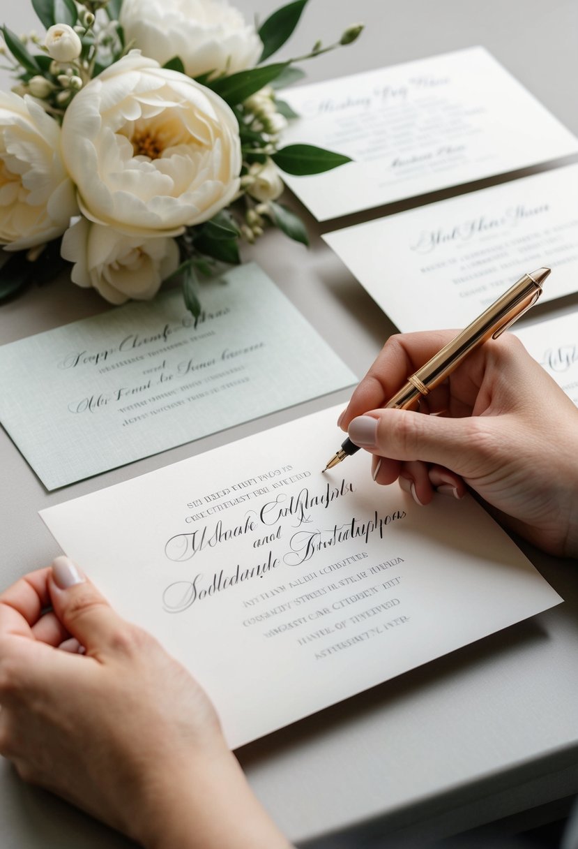 A hand holding a Calligraphy pen addressing elegant wedding invitations with a list of formal names and addresses