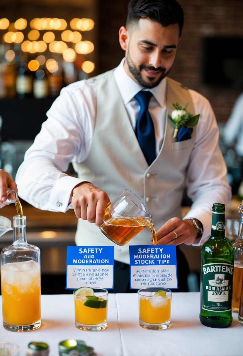 A bartender at a wedding pours drinks while displaying safety and moderation tips, such as using measured pours and offering non-alcoholic options