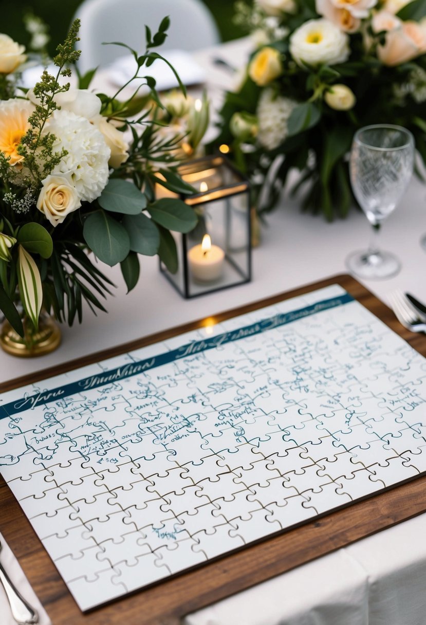 A table with a completed puzzle featuring blank pieces for guests to sign, surrounded by wedding decor and flowers