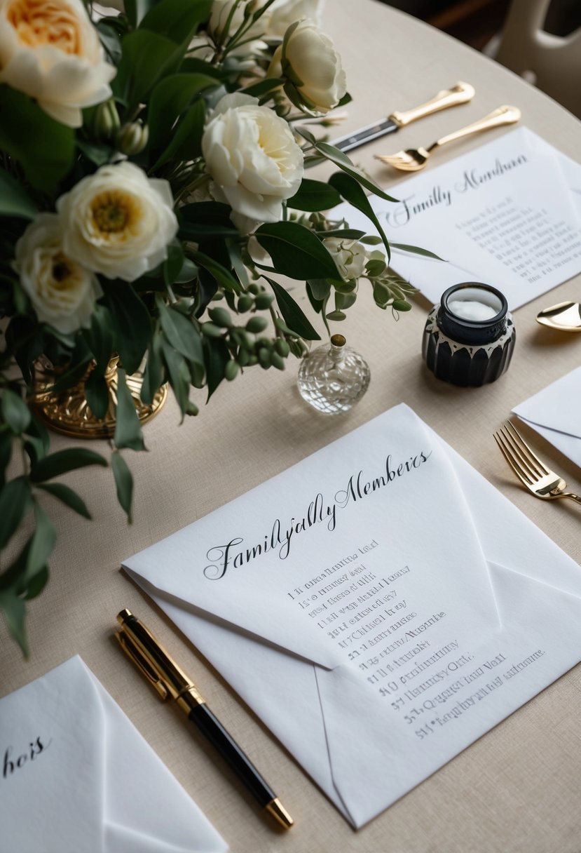 A table set with elegant envelopes, a calligraphy pen, and a list of family members' names and addresses