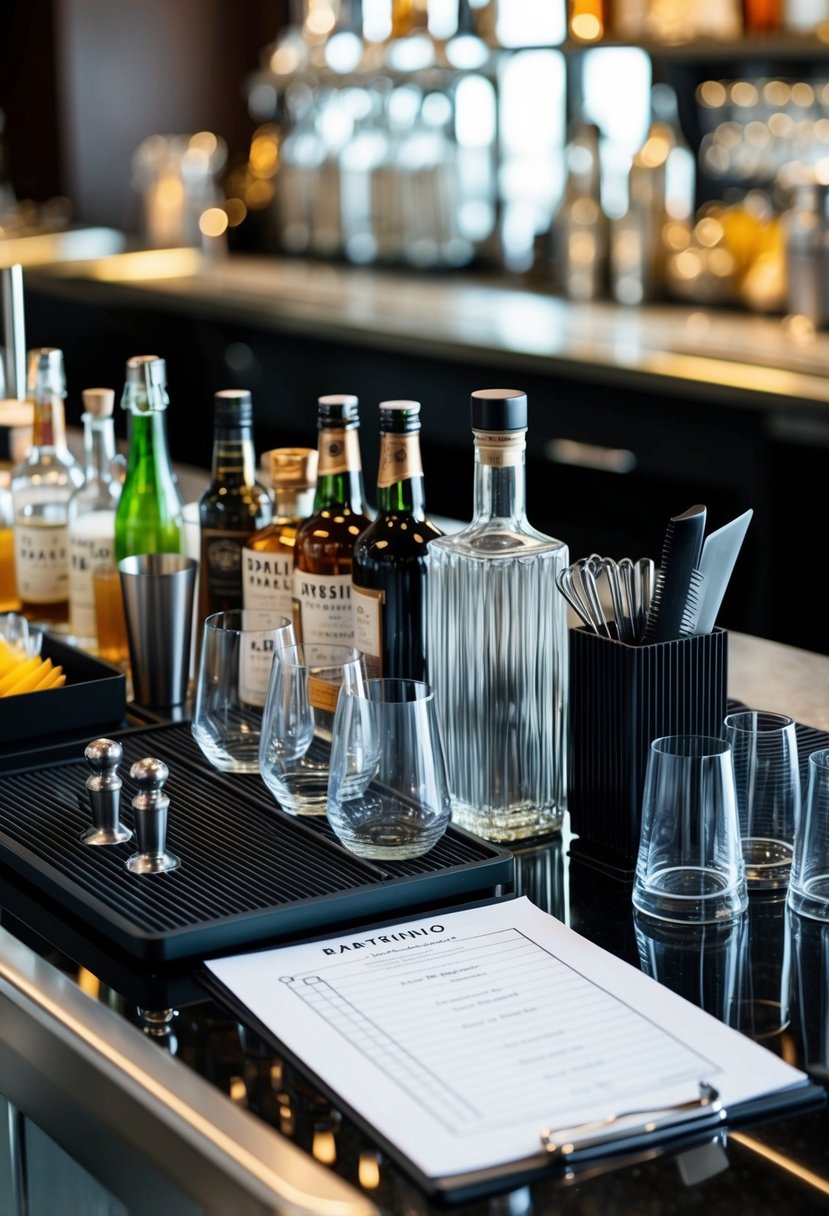 A bartending station with neatly arranged bottles, glassware, and bar tools. A checklist and inventory of supplies sits nearby