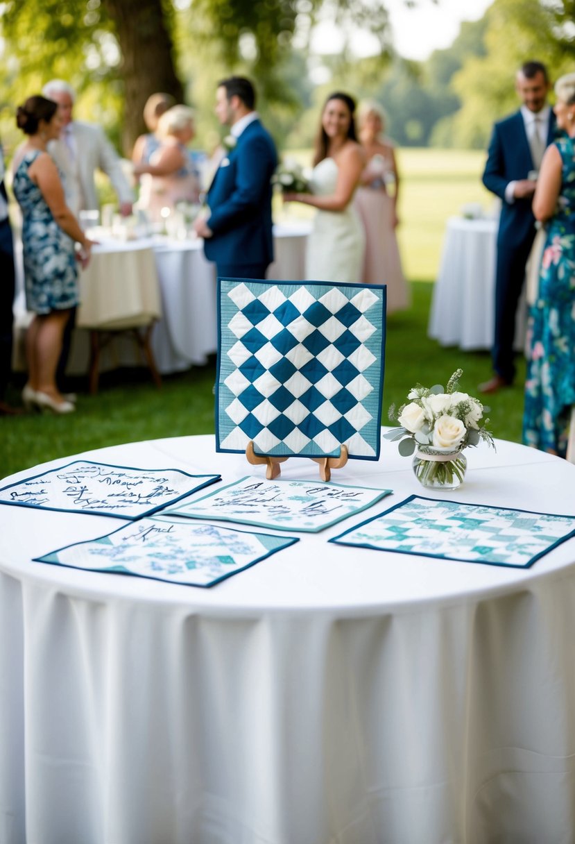 A table displaying various quilt squares with signatures and well-wishes from wedding guests