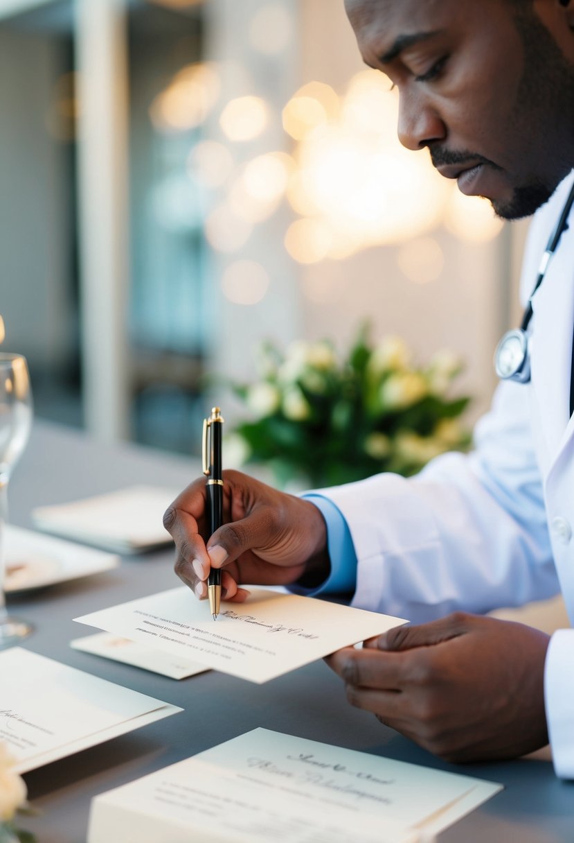 A doctor in a white coat carefully addressing wedding invitations with a pen