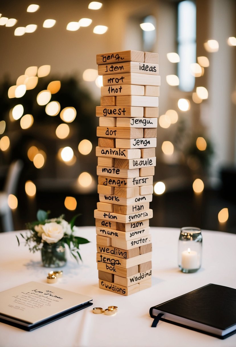 A tower of Jenga blocks with words and ideas written on them, surrounded by a guest book and wedding decor