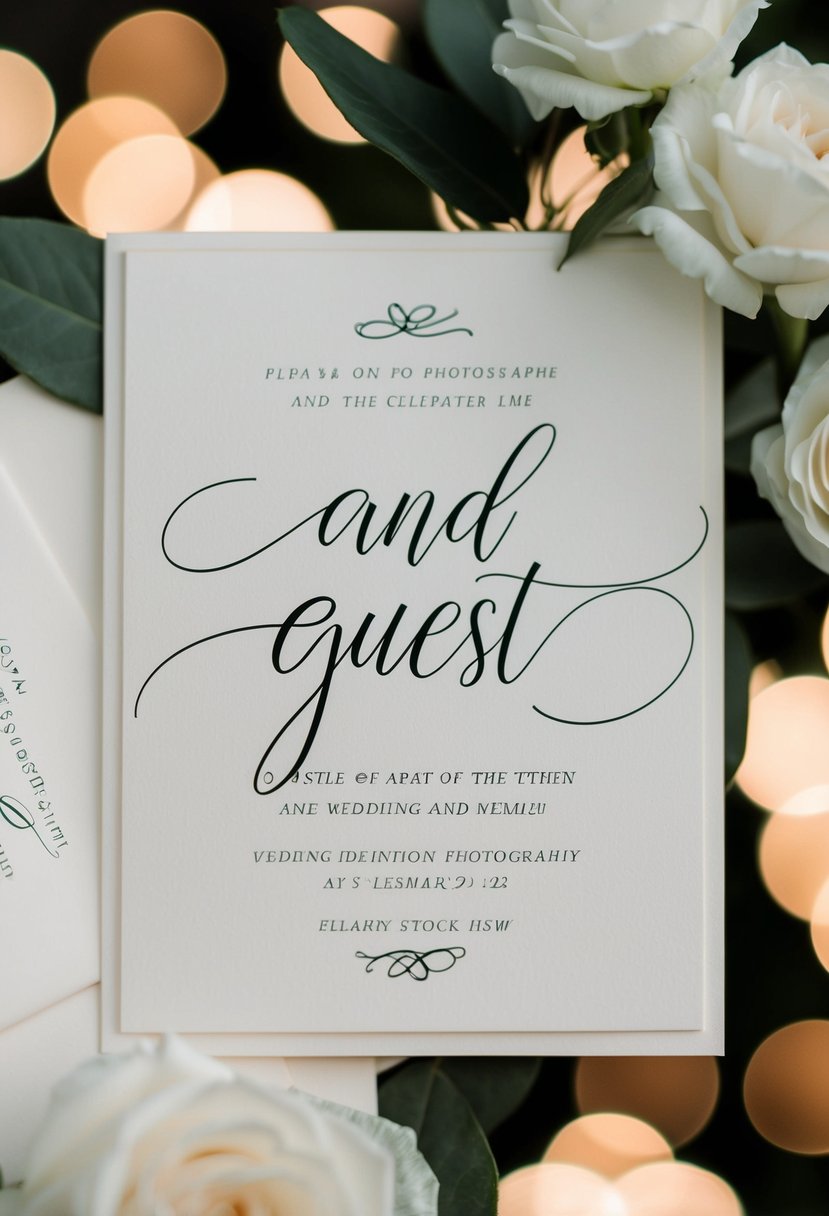 An elegant wedding invitation with the phrase "and guest" elegantly written in calligraphy