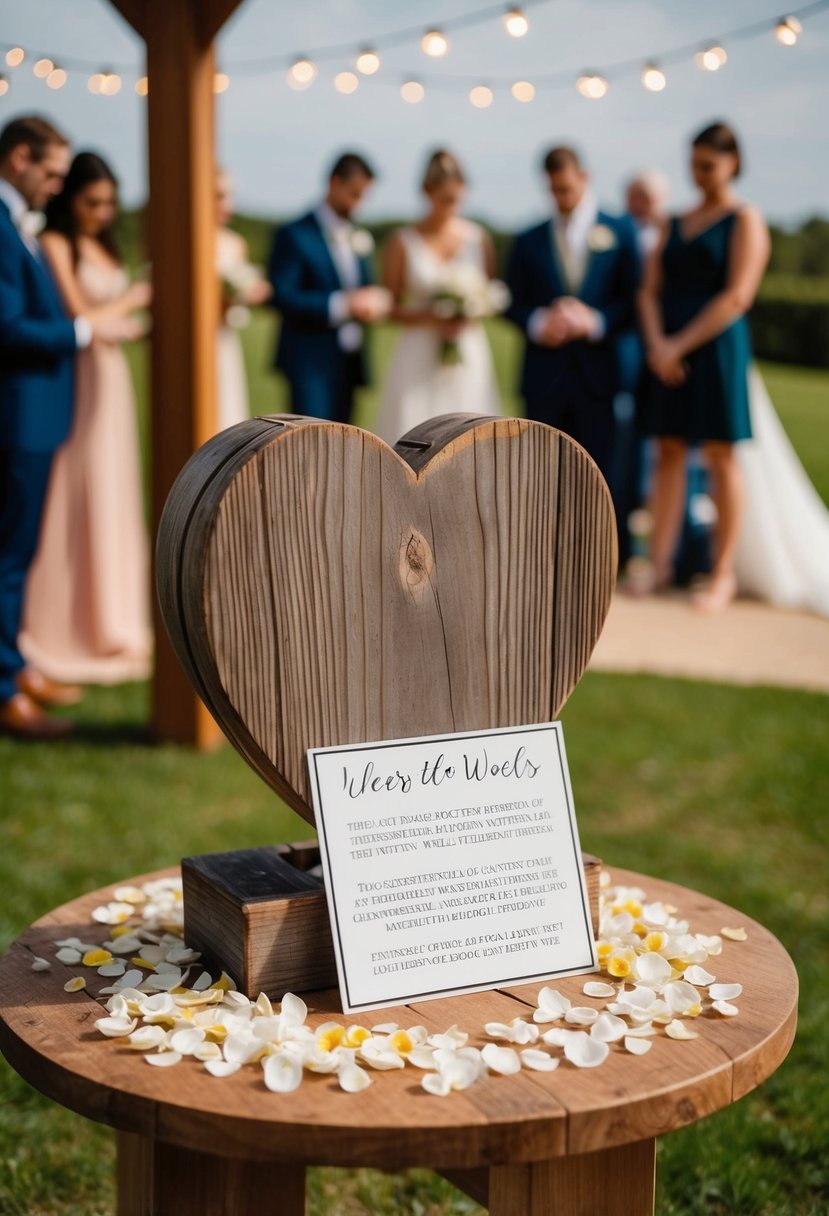 A rustic wooden heart-shaped drop box sits on a table, surrounded by flower petals and a sign inviting guests to leave their well-wishes for the newlyweds