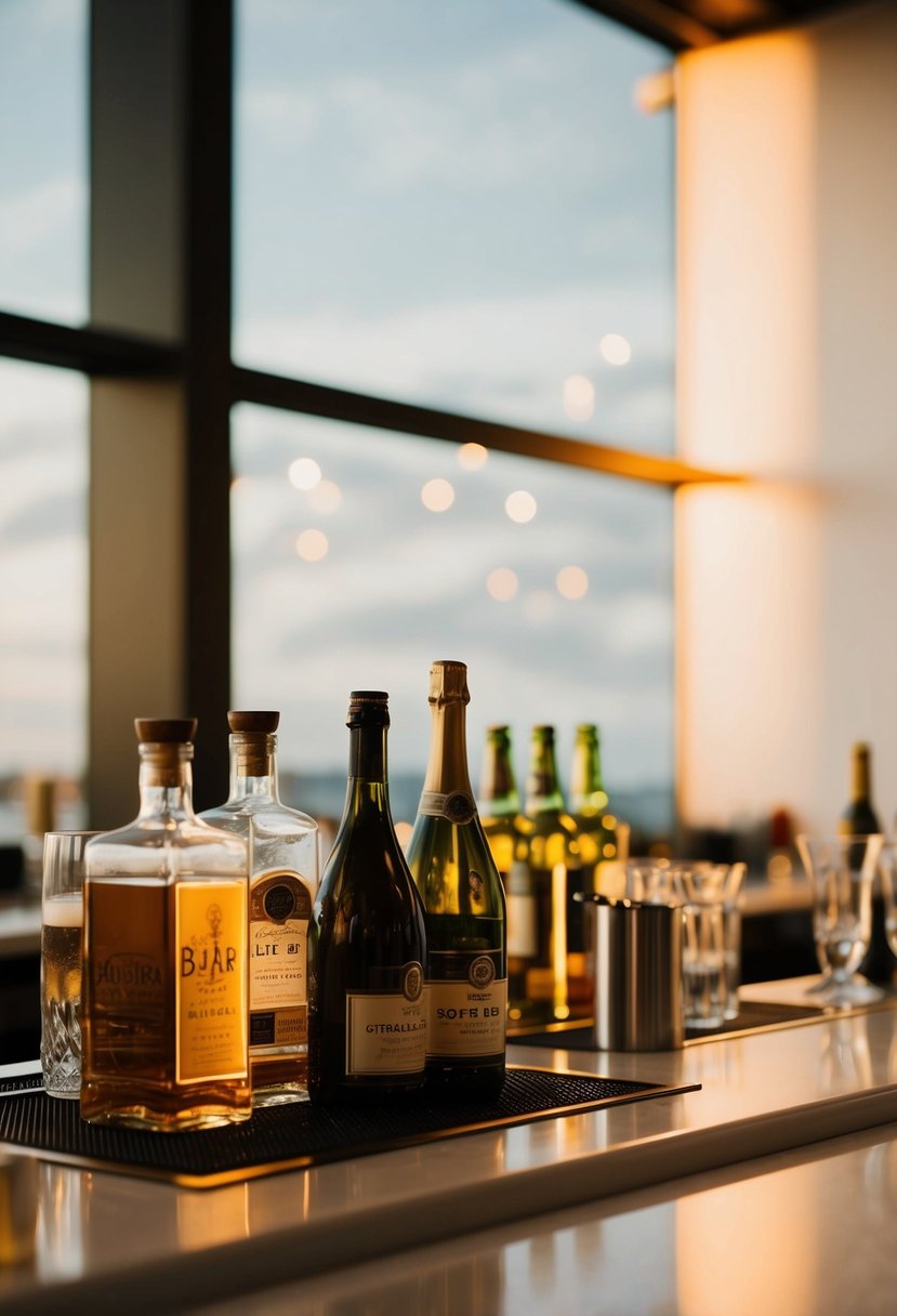 Soft light bathes a bar area at a wedding, casting a warm glow on the bottles and glassware