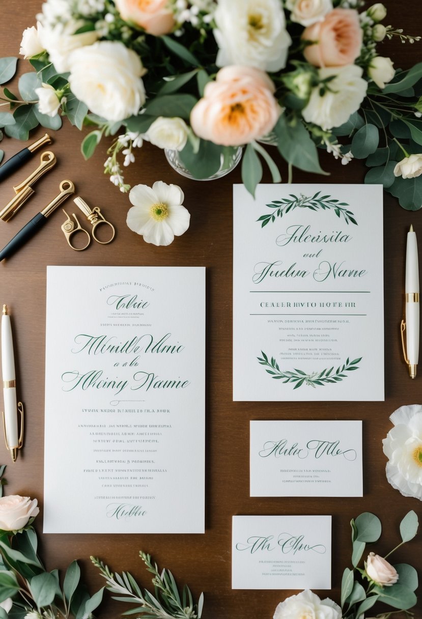 A table with two sets of elegant wedding invitations, each with a different last name, surrounded by calligraphy pens and floral decorations