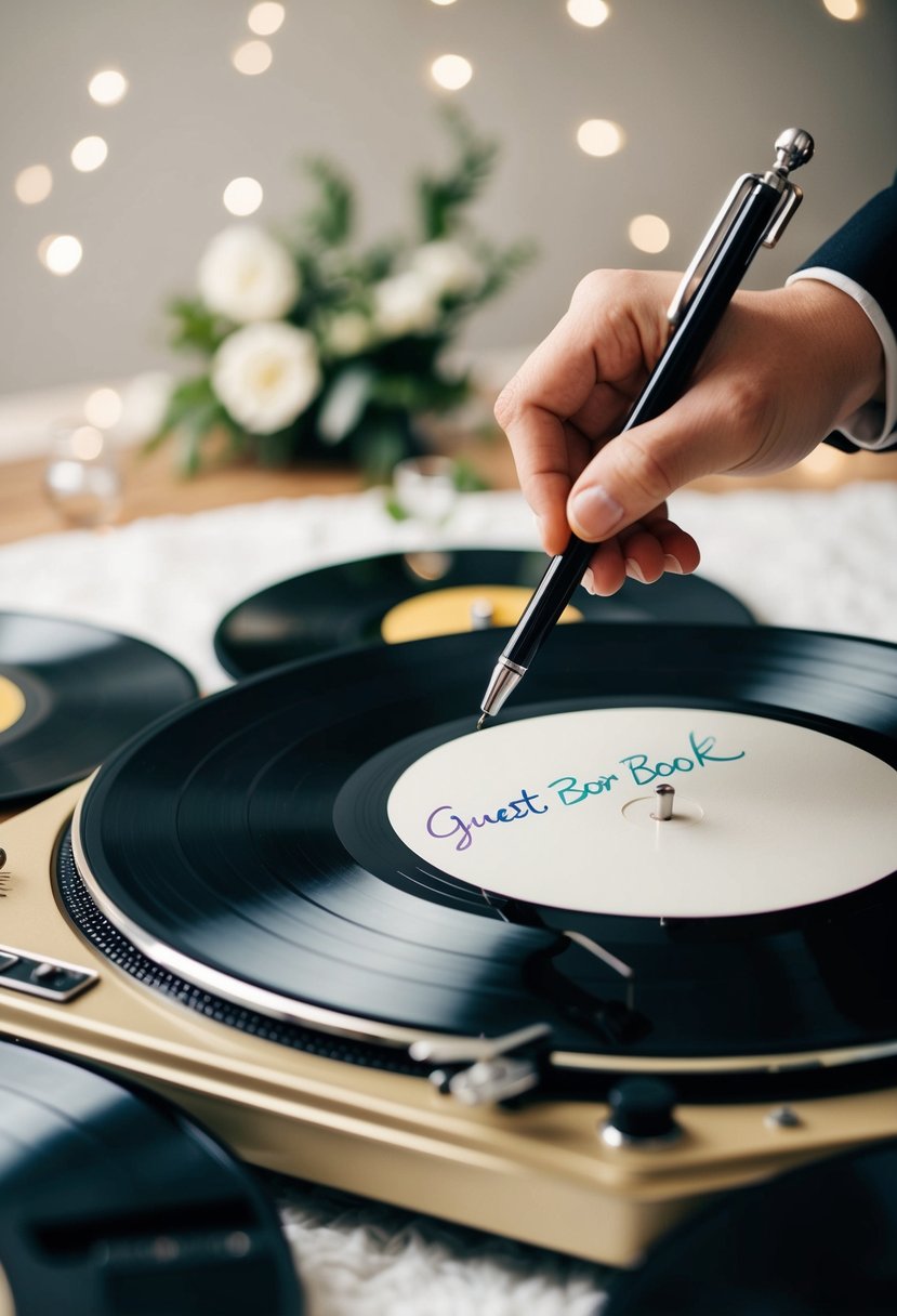 A vintage turntable surrounded by vinyl records, with a stylus poised to sign a blank record as a guest book for a wedding