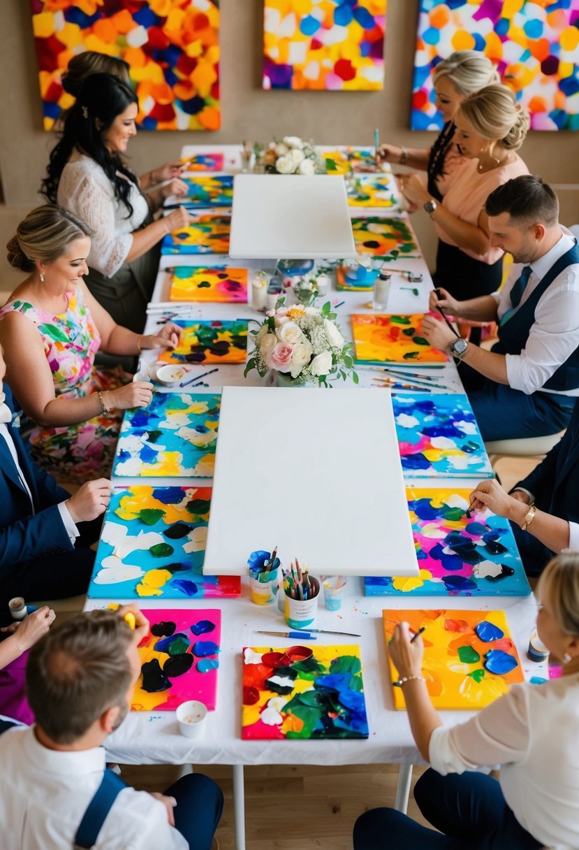 A table with a blank canvas and various art supplies, surrounded by colorful, abstract paintings. Wedding guests add their mark to the communal masterpiece