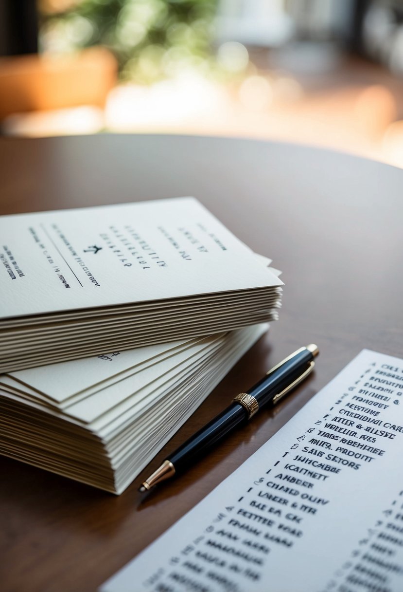 A table with a stack of wedding invitations and a pen next to a list of same-sex couples' names