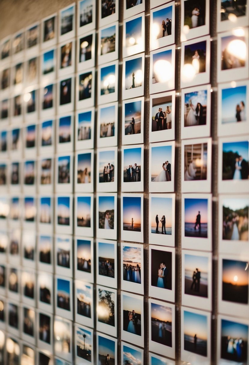 A wall covered in polaroid pictures, arranged in a grid with space for guests to add their own, creating a unique and personal guest book for a wedding