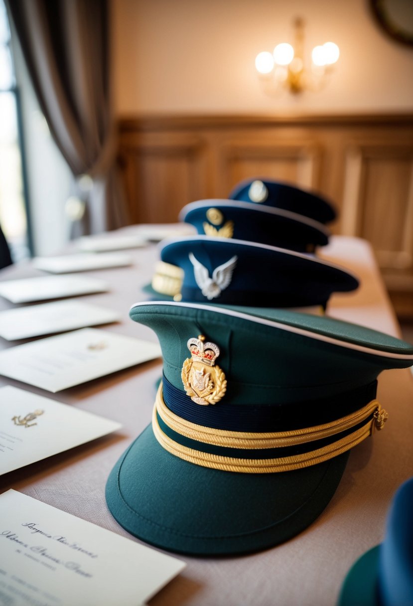 A row of military hats on a table, each with a different rank insignia, surrounded by elegant wedding invitations