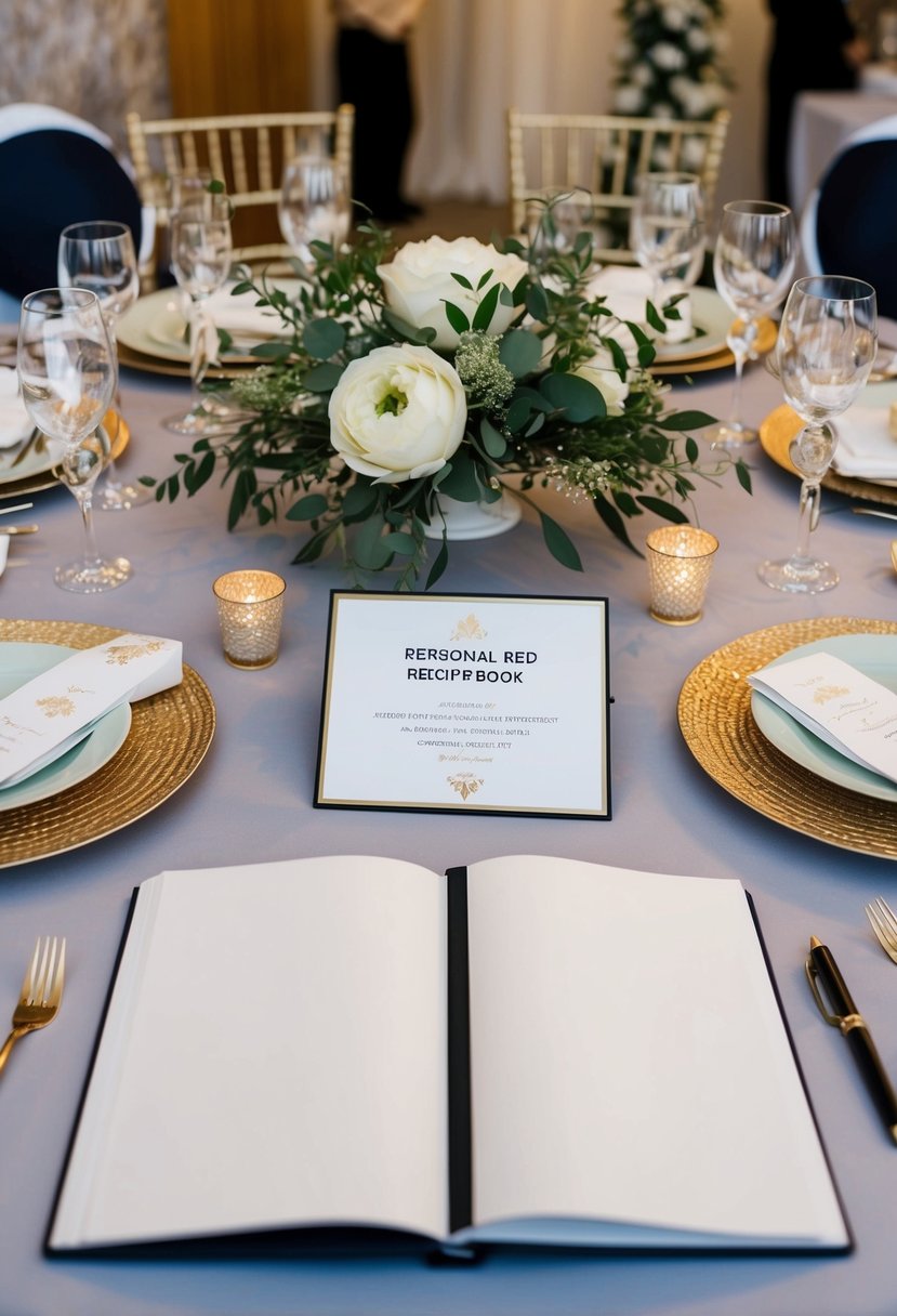 A table set with a personalized recipe book open to a blank page, surrounded by wedding-themed decor and a pen for guests to sign