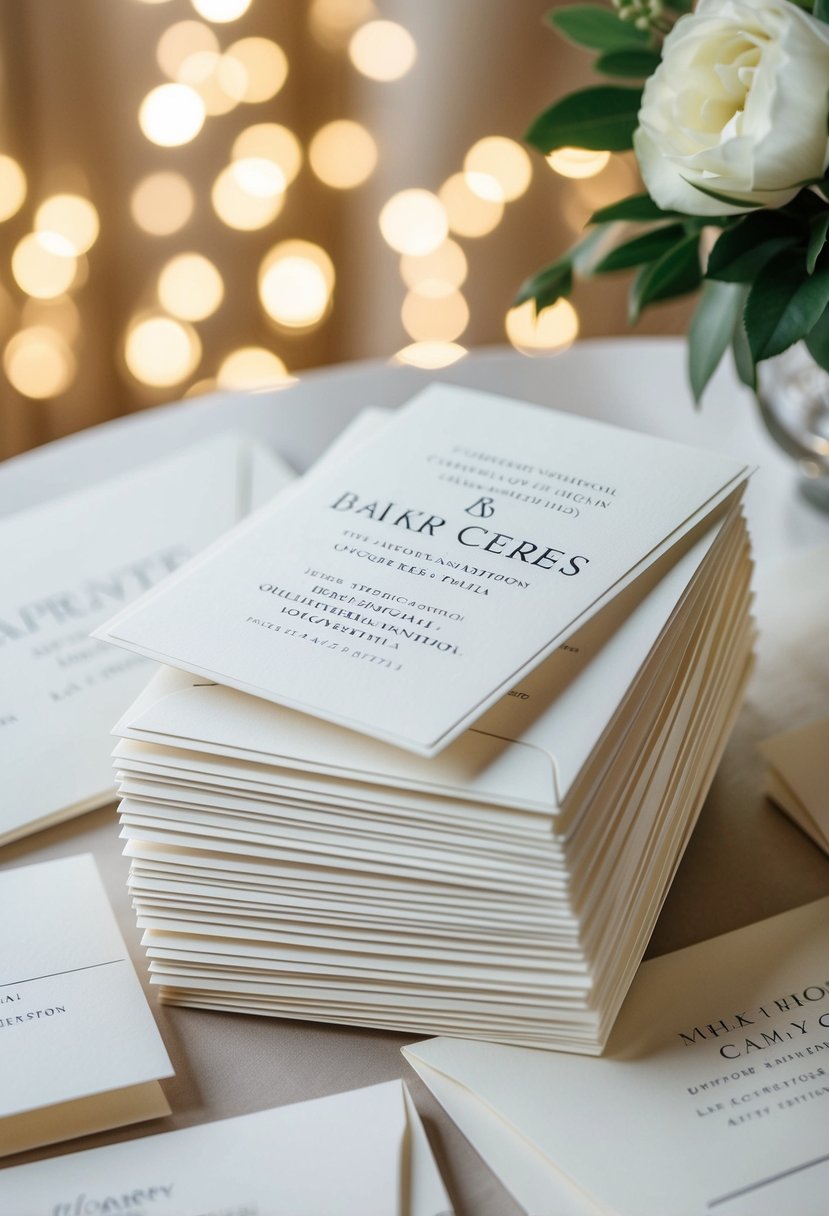 A stack of elegant wedding invitations, each with a different name and address, ready to be sent out