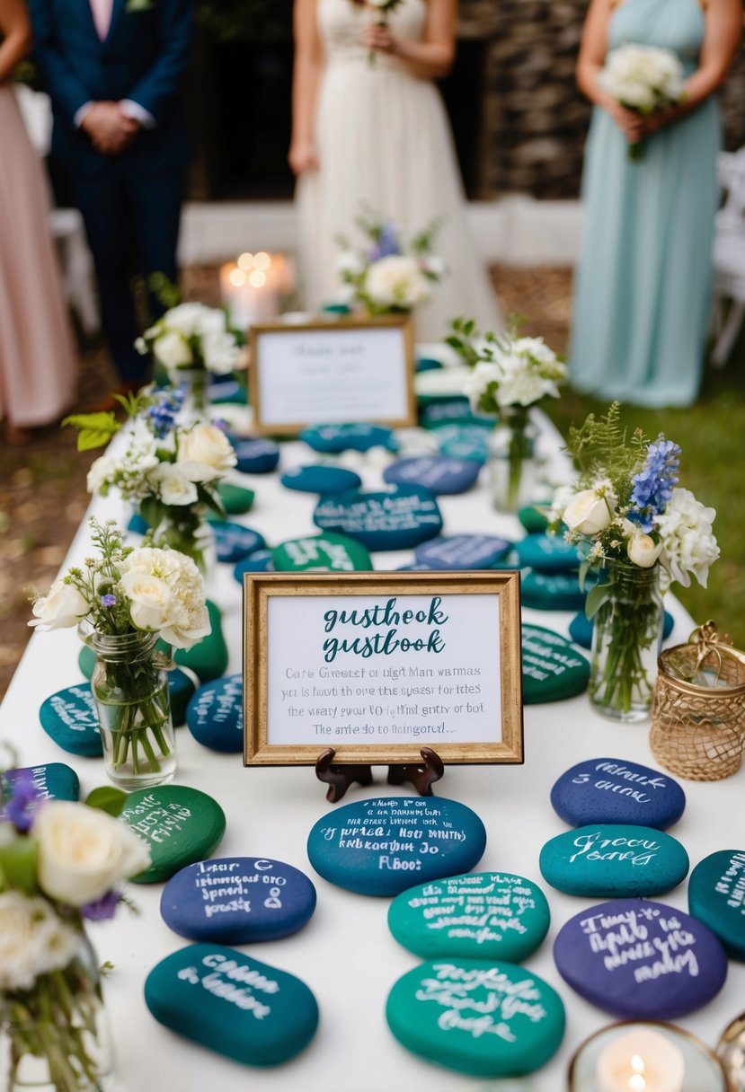 A table displays painted stones with guestbook messages, surrounded by wedding decor and flowers