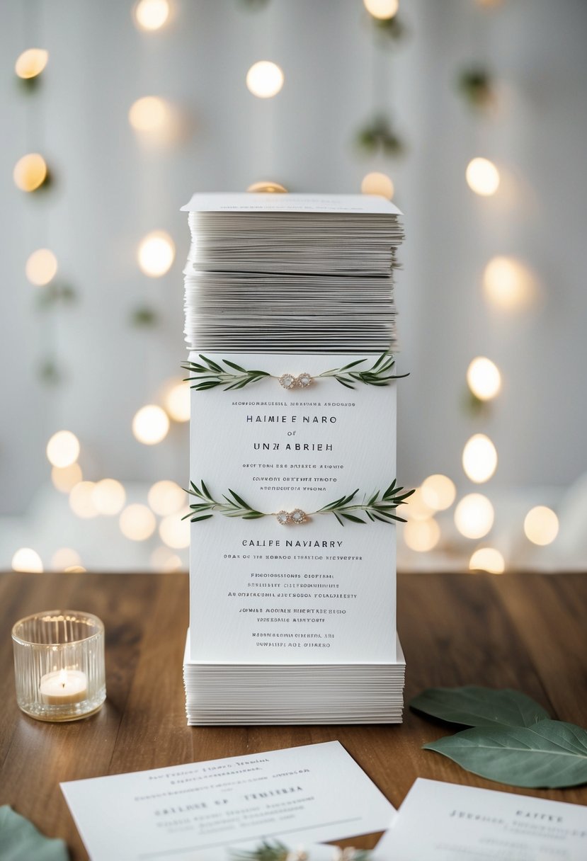 A stack of wedding invitations with names of unmarried partners creatively addressed