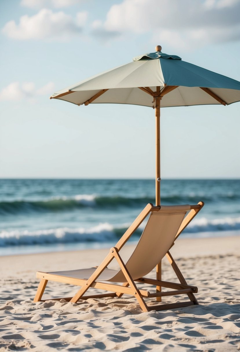 A serene beach setting with a simple wooden beach chair and umbrella, surrounded by soft sand and calm ocean waves