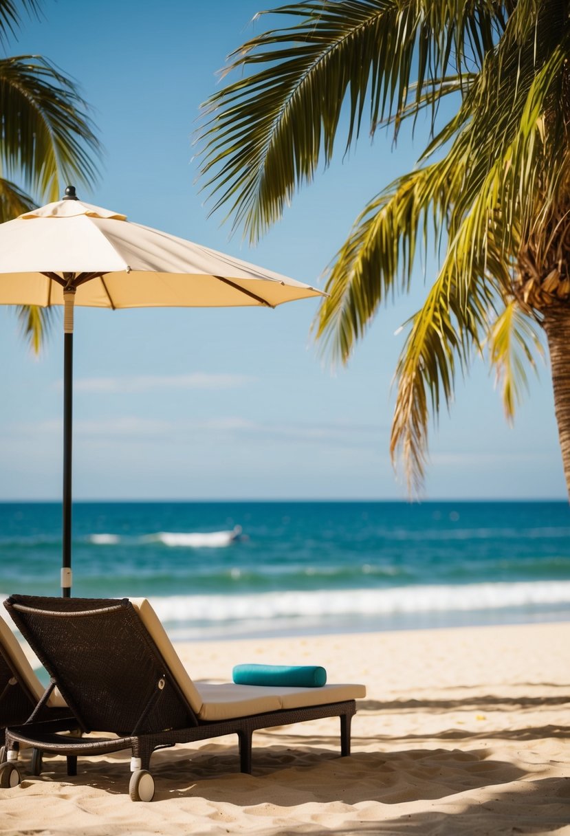 A sunny beach with a lounge chair and umbrella, surrounded by palm trees and the ocean in the background