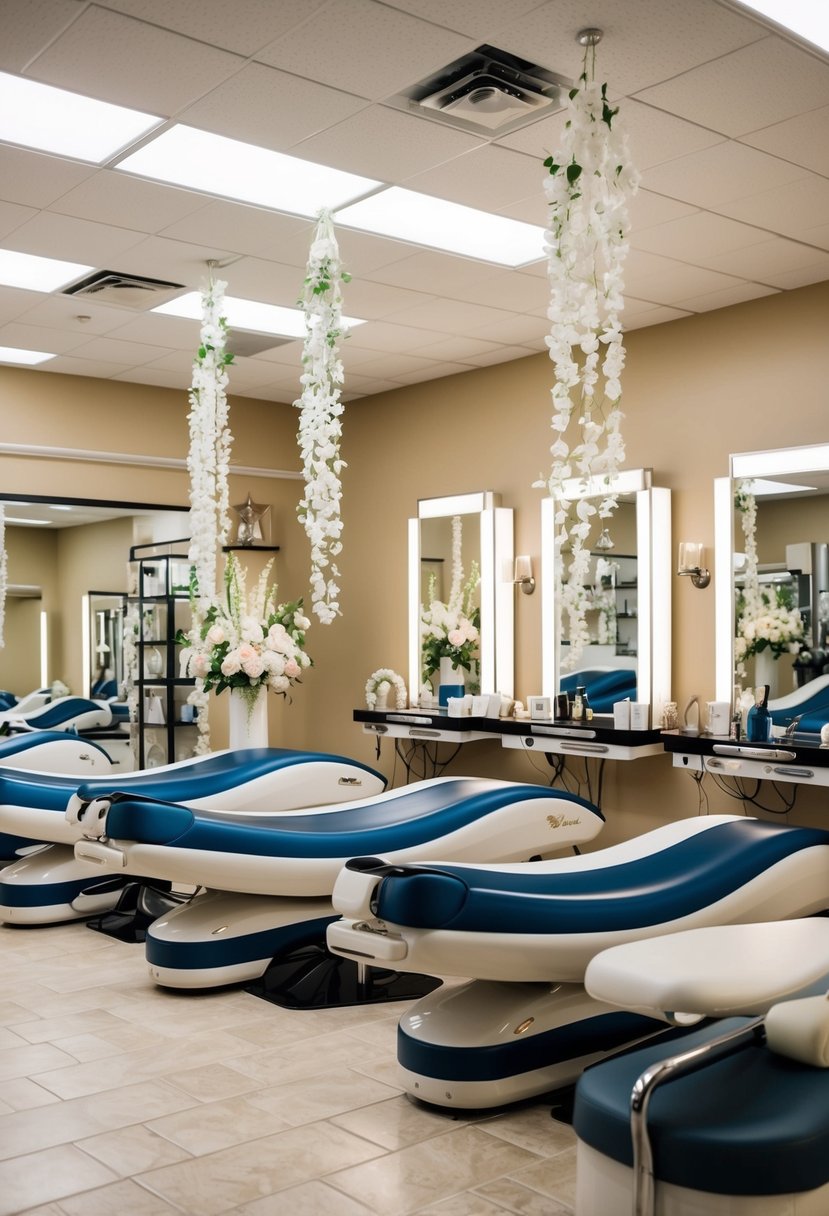 A salon with alternating lay-down and stand-up tanning beds, surrounded by wedding-themed decor and accessories