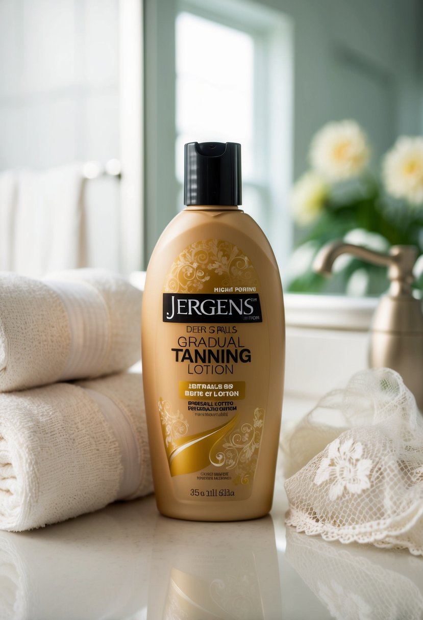 A bottle of Jergens gradual tanning lotion sits on a bathroom counter, surrounded by soft towels and a delicate lace veil