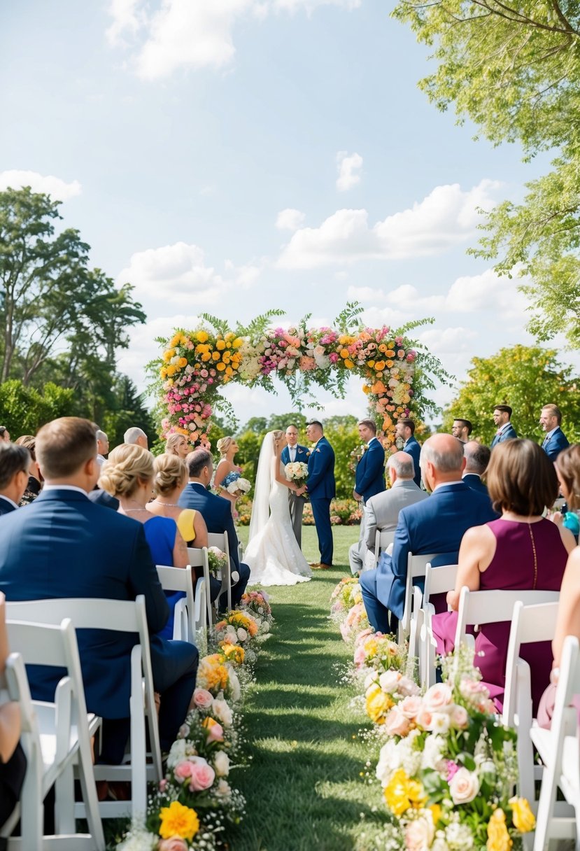 A colorful outdoor wedding ceremony with blooming flowers, a sunny sky, and guests seated on white chairs