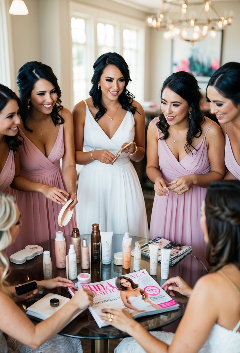 Bridesmaids gather around a table with tanning products and a bridal magazine, discussing their tanning plans for the upcoming wedding