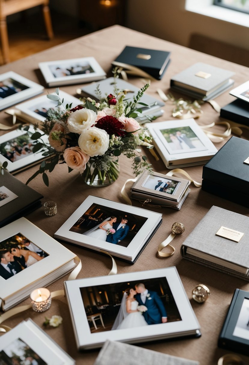 A table scattered with wedding photos, albums, and decorative elements like flowers and ribbons