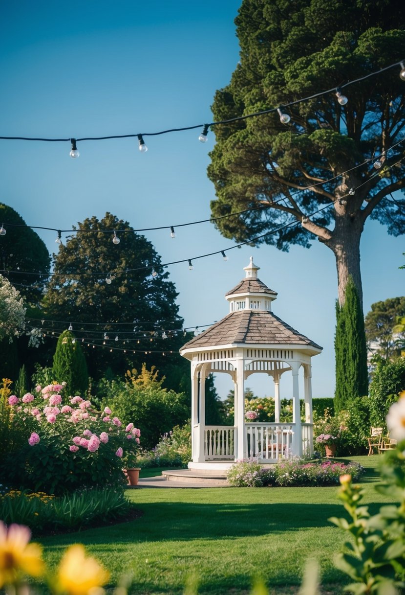 A lush garden with blooming flowers, a charming gazebo, and twinkling string lights, set against a backdrop of towering trees and a clear blue sky