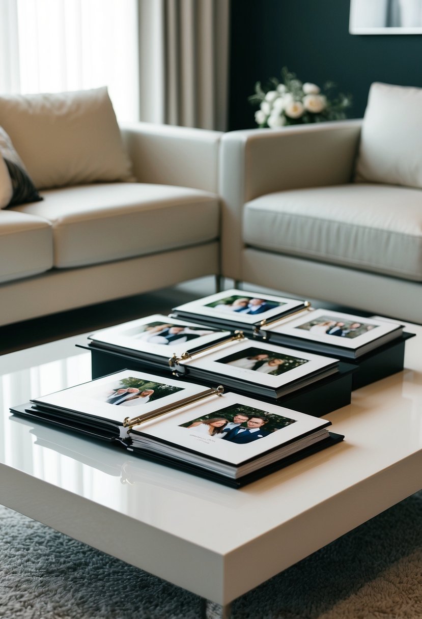 A beautifully arranged wedding album with high-resolution photos displayed on a sleek, modern coffee table