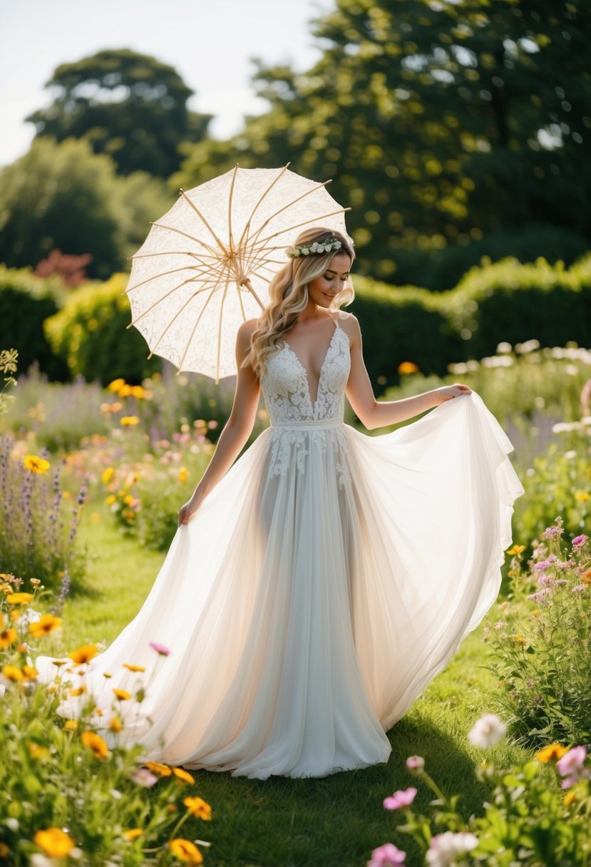 A flowing boho chic wedding dress in a sunlit garden with wildflowers and a vintage lace parasol