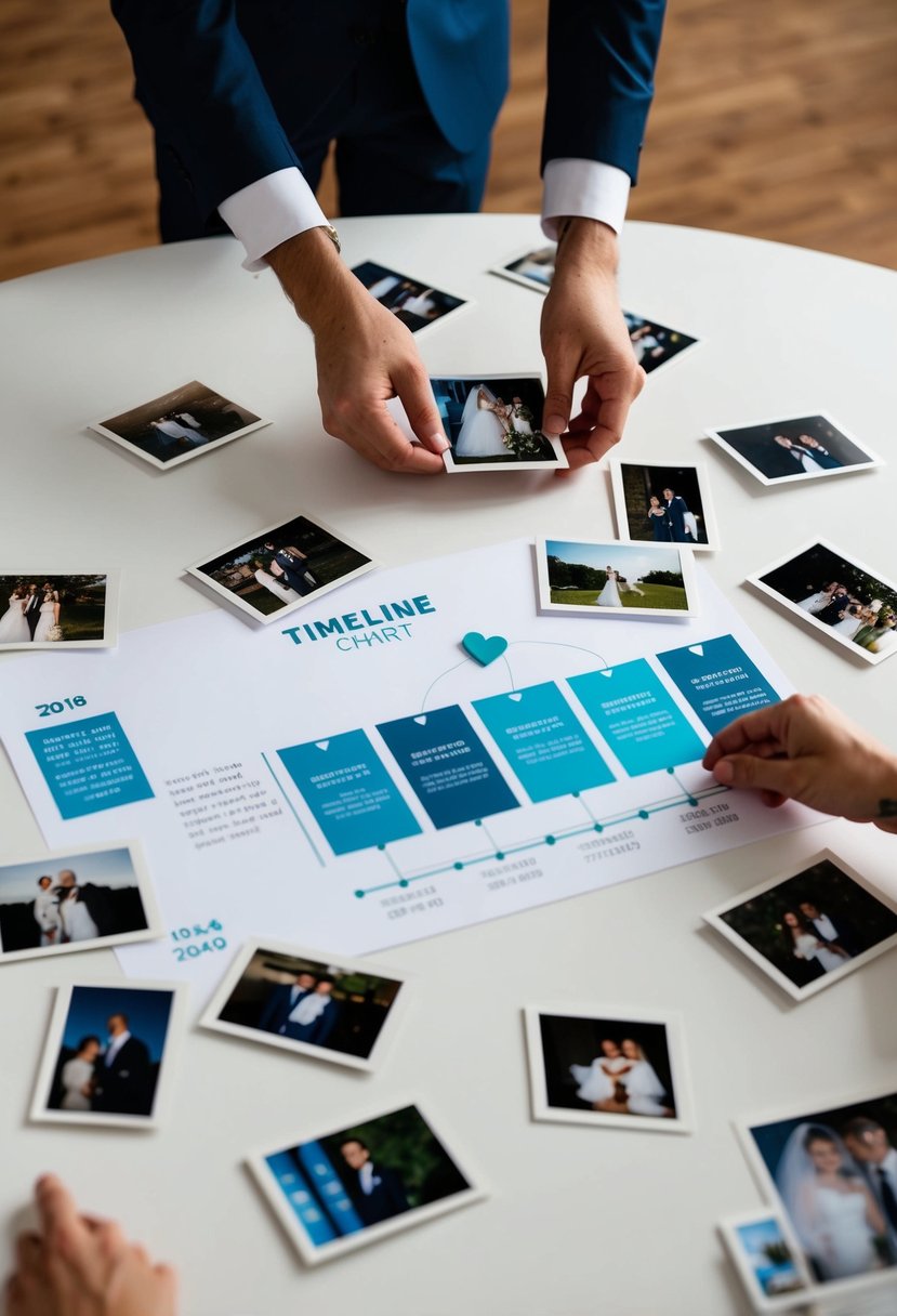 A table with scattered wedding photos, a timeline chart, and a pair of hands arranging the pictures