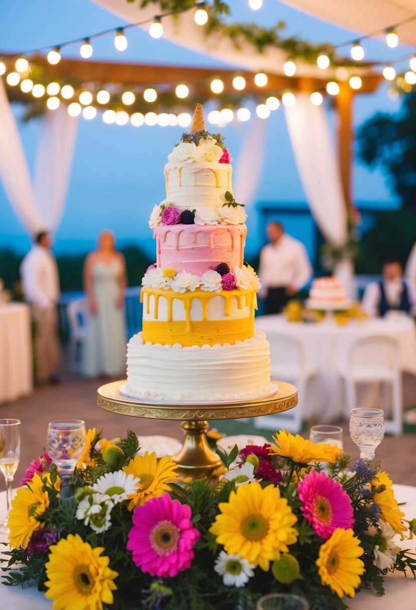 A colorful outdoor wedding reception with a large ice cream cake as the centerpiece, surrounded by vibrant summer flowers and twinkling string lights