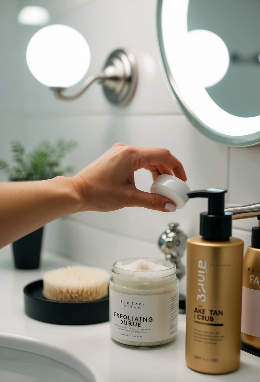 A hand reaching for a jar of exfoliating scrub on a bathroom counter, with a bottle of fake tan nearby