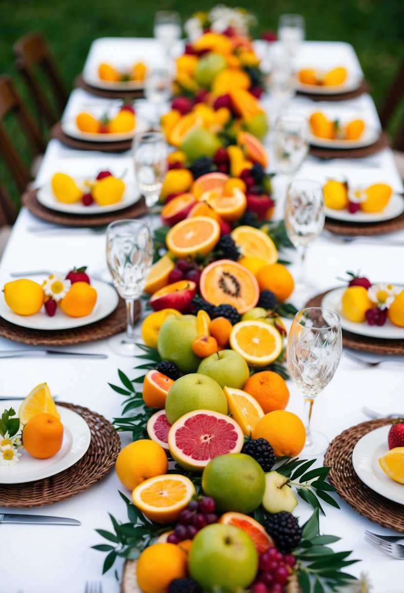 A table adorned with colorful summer fruits and floral arrangements, set for a wedding celebration