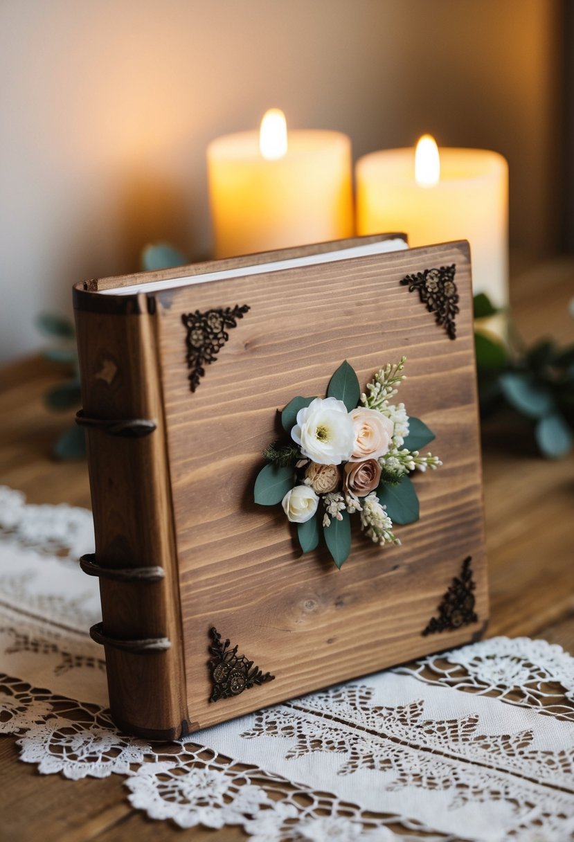 A rustic wooden photo album with delicate floral embellishments, sitting on a lace table runner with soft candlelight in the background