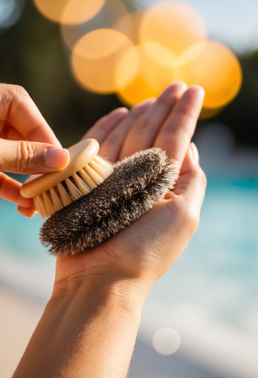 A hand holding a dry brush gently exfoliating a sun-kissed skin