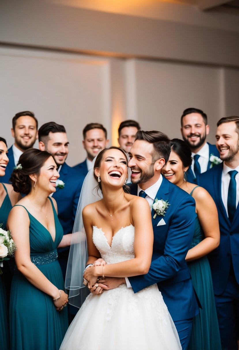 A bride and groom laughing together while surrounded by their bridal party, capturing candid moments and posed group shots at the wedding reception