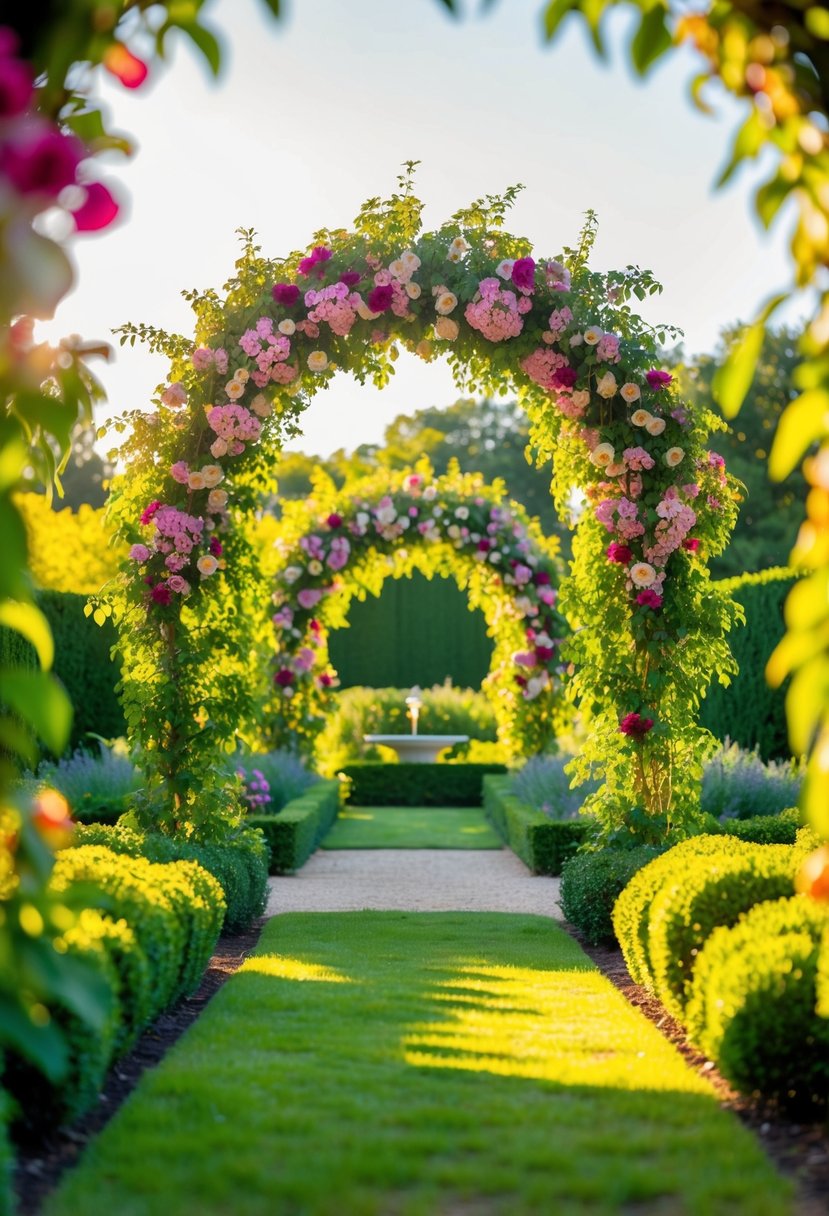 A lush garden with vibrant floral archways, basking in the golden summer sunlight